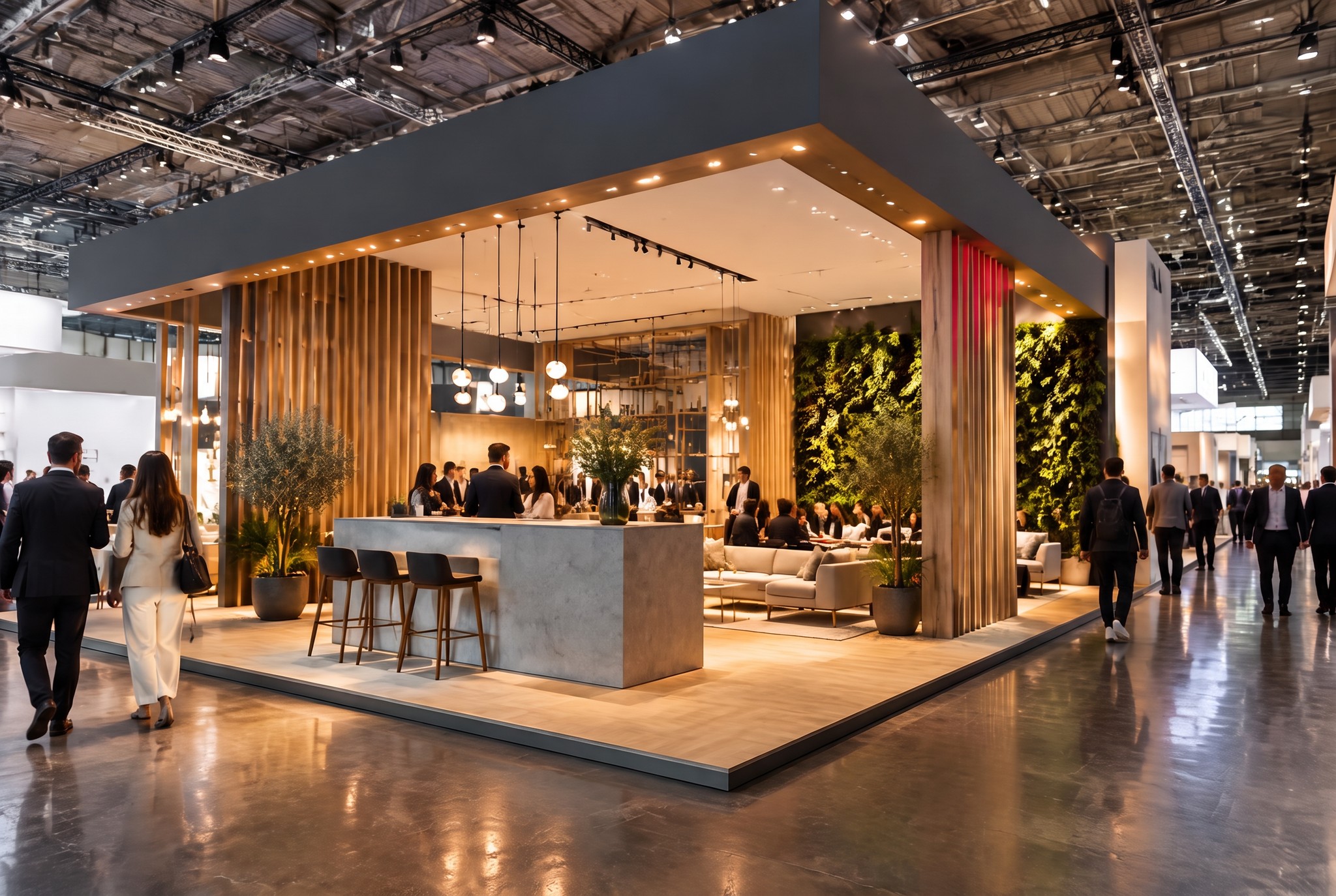 Messehostess begrüßt Besucher an einem modernen Messestand