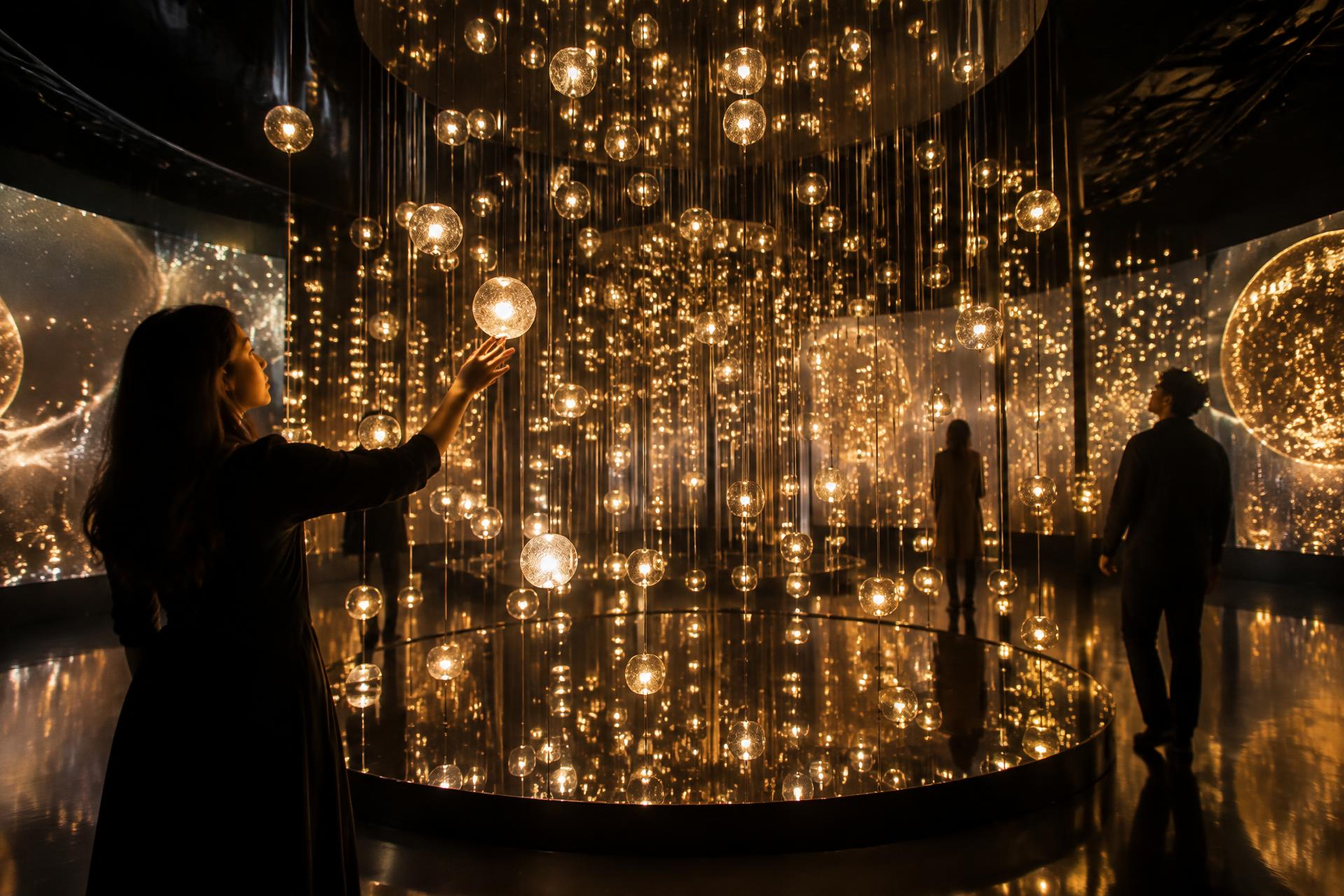 Besucher interagieren mit einer leuchtenden Lichtinstallation bei einer Markenaktivierung