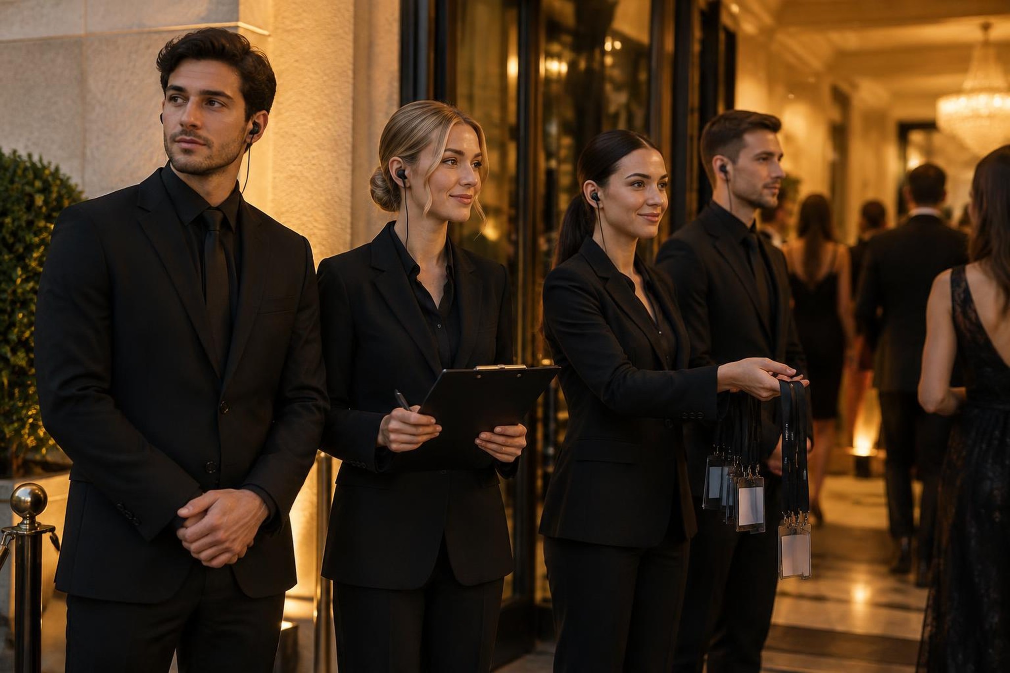 Eventpersonal in schwarzer Uniform am Eingang einer Location, mit Gästeliste und Badge-Ausgabe