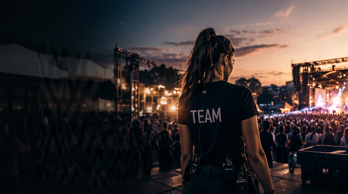 Event-Mitarbeiterin vor einem Konzertpublikum bei Sonnenuntergang