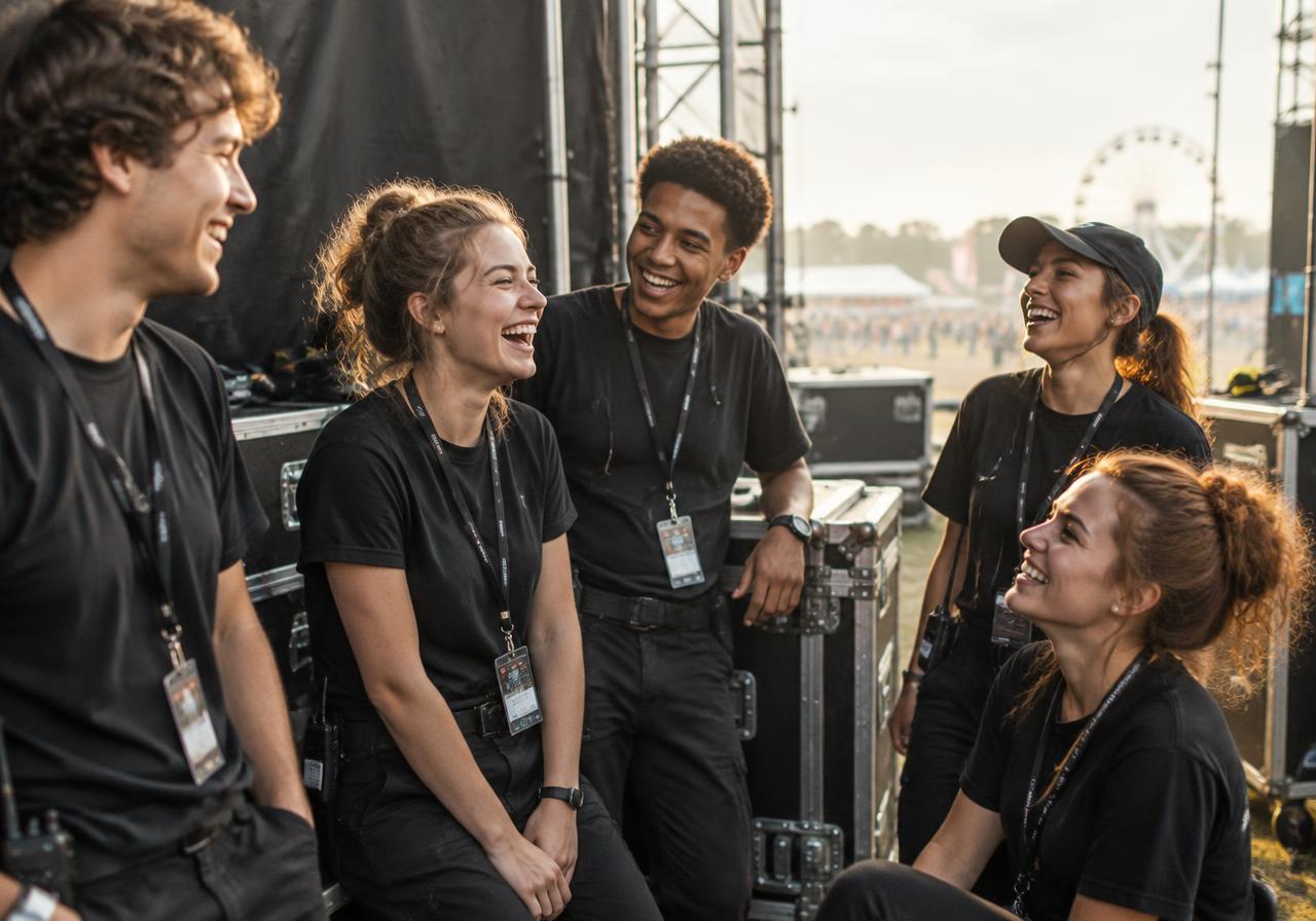 Eventteam lacht gemeinsam backstage bei einem Festival